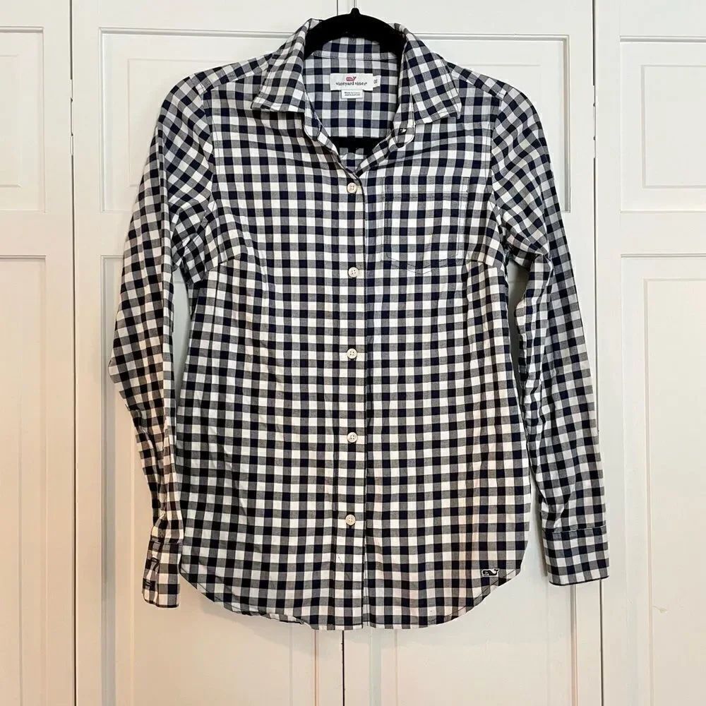 Vineyard vines womens navy ginghamโbutton front pocket shirt sizeโxs